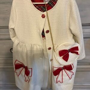 White Cardigan with Red Bow Accents